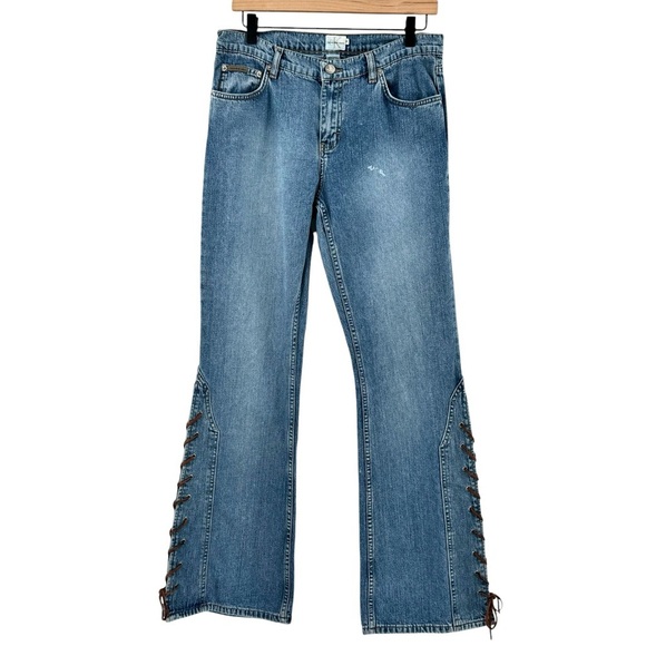 Vintage Y2K Low Rise Flare Jeans Leather Lace Up CK Calvin Klein Jeans | Size 10 - Picture 2 of 12